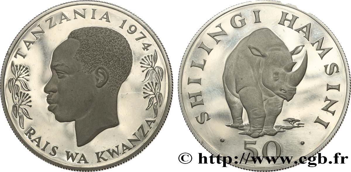 TANZANIA 50 Shilingi Proof Rhinocéros 1974  MS 