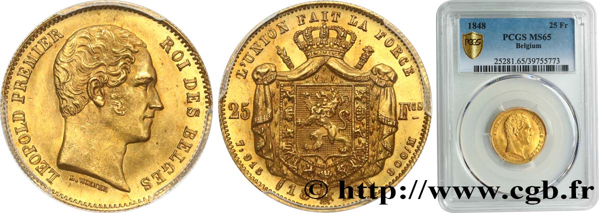 BELGIUM - KINGDOM OF BELGIUM - LEOPOLD I 25 Francs or, tête nue 1848 Bruxelles MS65 PCGS