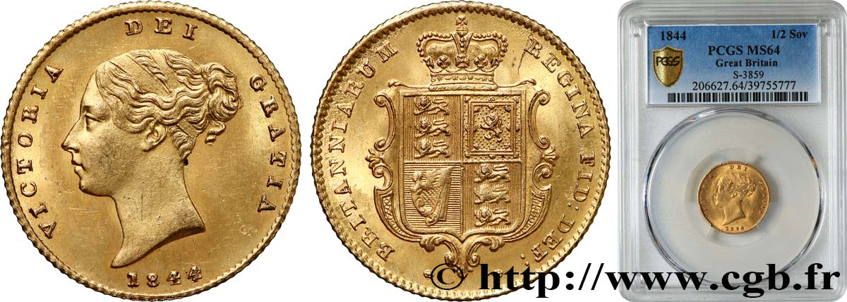 GREAT BRITAIN - VICTORIA 1/2 Souverain 1844 Londres MS64 PCGS