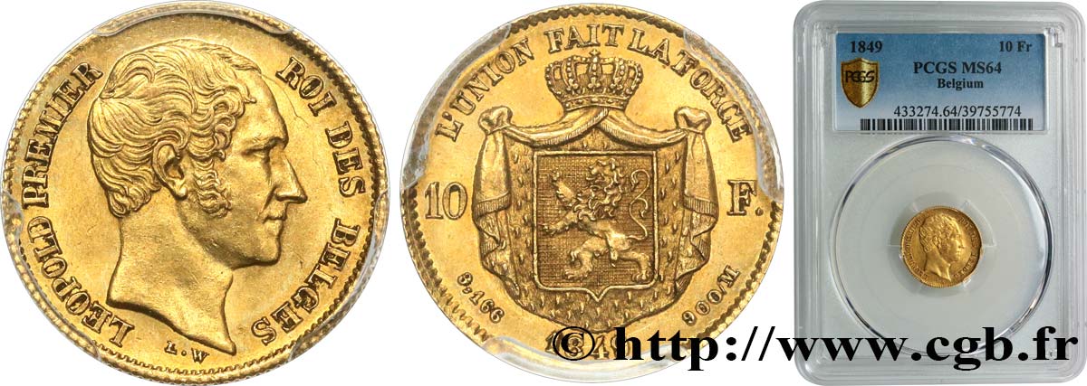 BELGIQUE - ROYAUME DE BELGIQUE - LÉOPOLD Ier 10 Francs or, tête nue 1849 Bruxelles MS64 PCGS