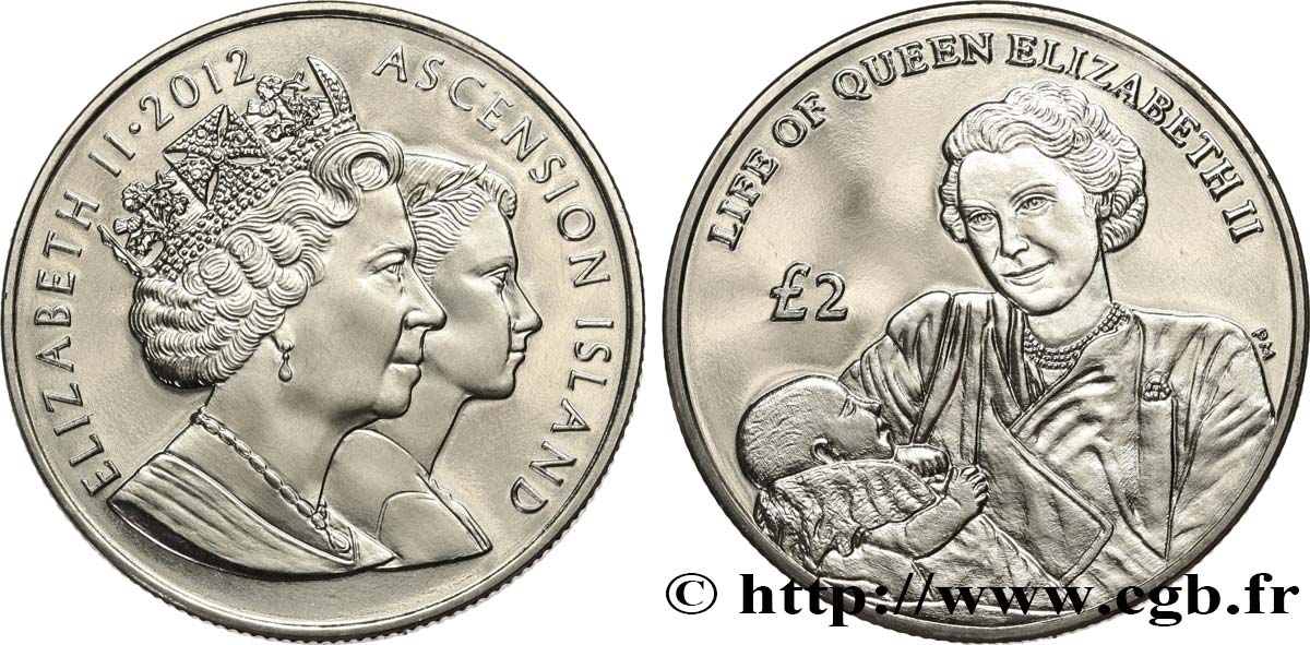 ASCENSION ISLAND 2 Pounds Élizabeth II et le jeune prince Charles 2012 Pobjoy Mint MS 