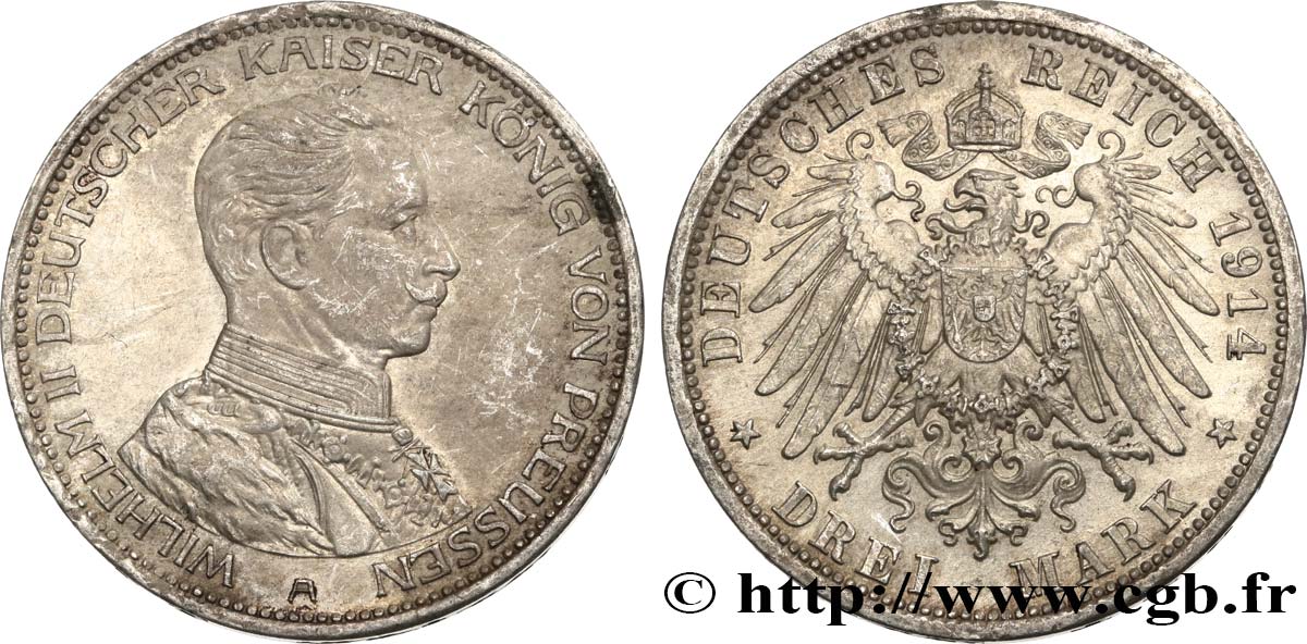 ALEMANIA - PRUSIA 3 Mark Guillaume II 1914 Berlin EBC 