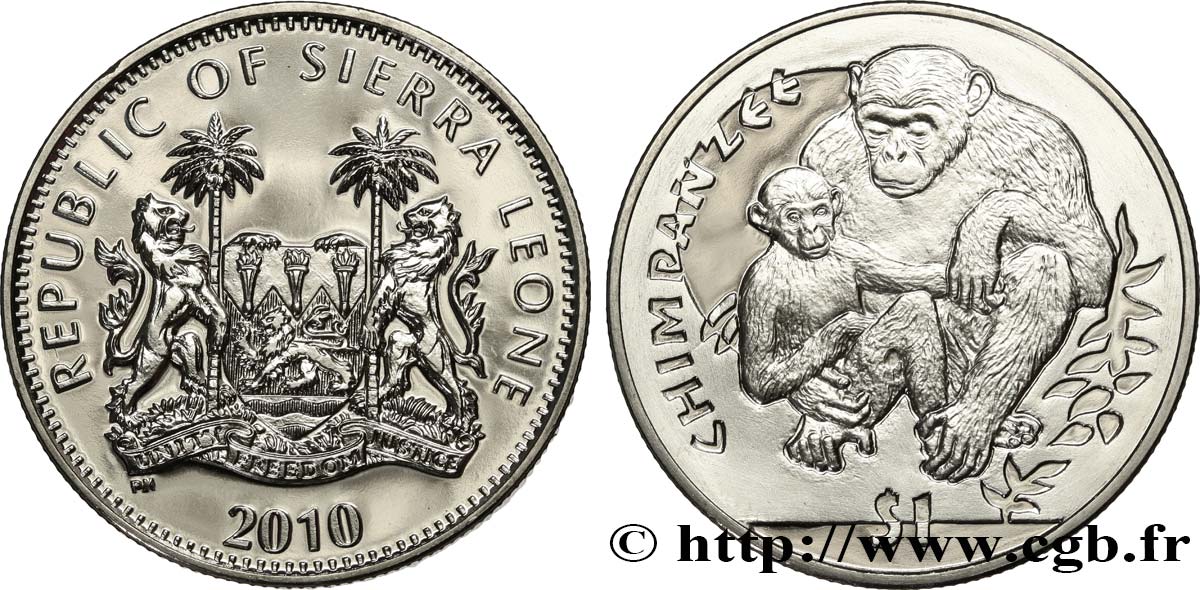 SIERRA LEONE 1 Dollar Proof chimpanzé 2010 Pobjoy Mint MS 