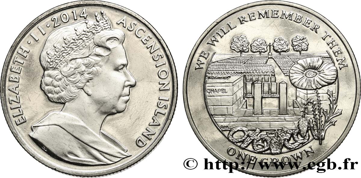 ASCENSIONE 1 Crown Centenaire de la Première Guerre Mondiale - Cimetière de la Somme 2014 Pobjoy Mint MS 