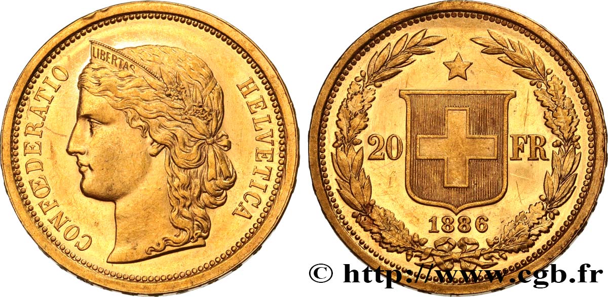 SWITZERLAND - HELVETIC CONFEDERATION 20 Francs Helvetia 1886 Berne fST 
