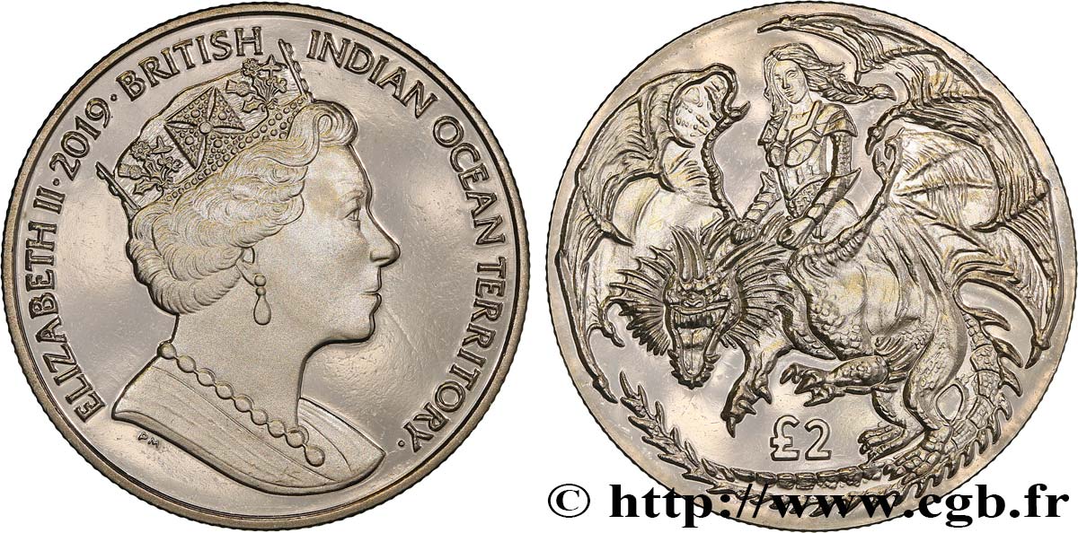 BRITISH INDIAN OCEAN TERRITORY 2 Pounds Proof Élisabeth II - Guerrière et dragon 2019 Pobjoy Mint MS 