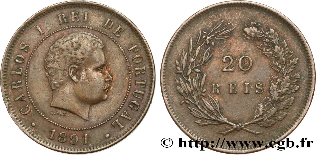 PORTUGAL 20 Réis Charles Ier 1891 Paris TTB
