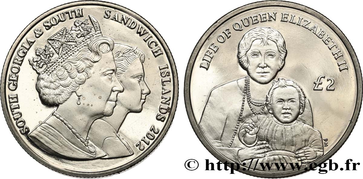SOUTH GEORGIA AND SOUTH SANDWICH ISLANDS 2 Pounds (2 Livres) Proof Vie de la reine Élisabeth II : enfant 2012 Pobjoy Mint MS 