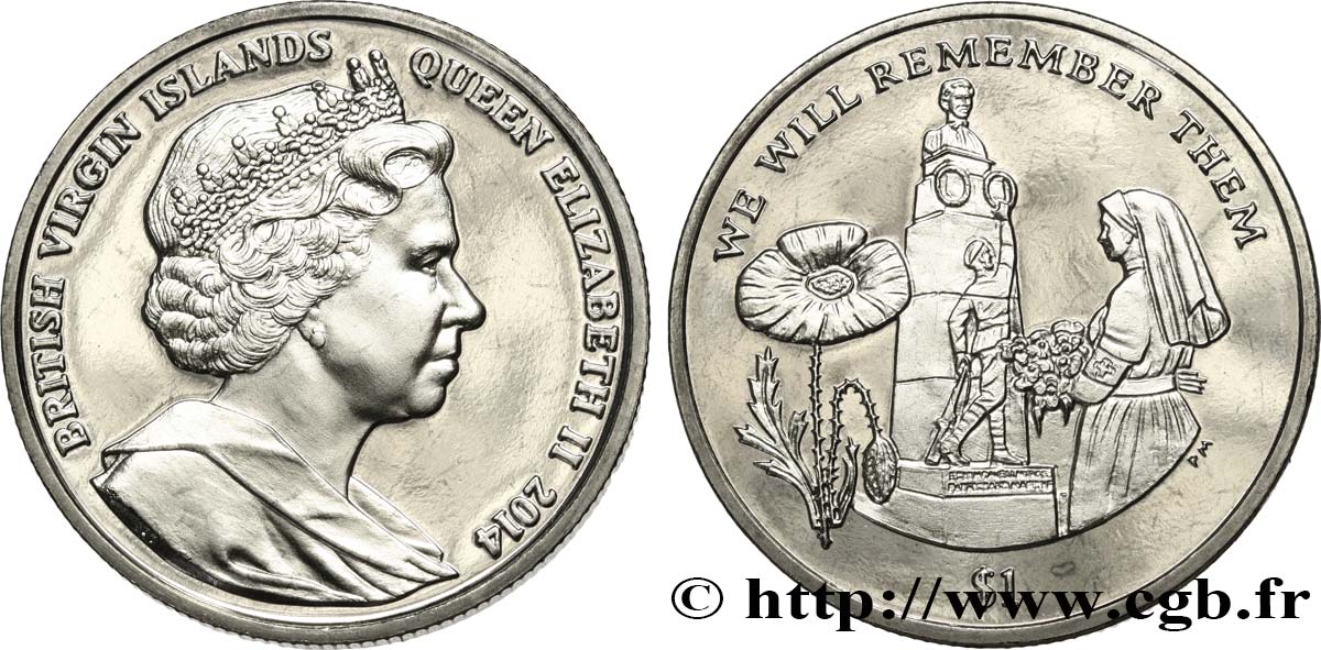 BRITISH VIRGIN ISLANDS 1 Dollar Proof Centenaire de la Première Guerre Mondiale : Edith Cavell 2014 Pobjoy Mint MS 