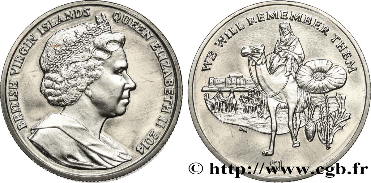 BRITISH VIRGIN ISLANDS 1 Dollar Proof Centenaire de la Première Guerre Mondiale : Lawrence d’Arabie 2014 Pobjoy Mint MS 