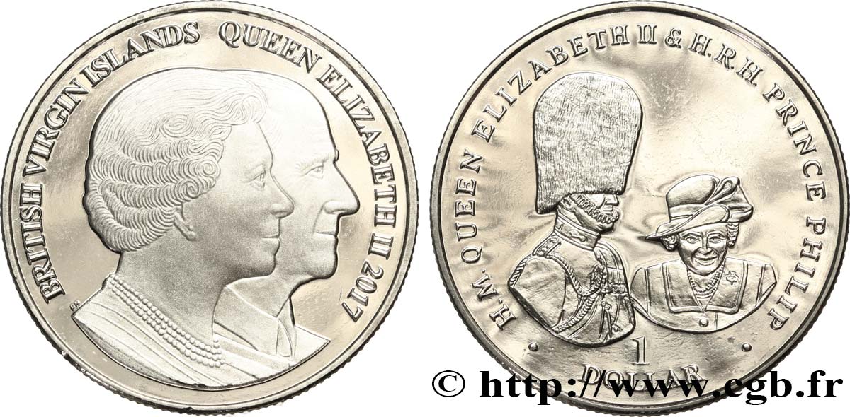 BRITISCHE JUNGFERNINSELN 1 Dollar Proof 70e anniversaire de mariage de la reine Elisabeth II et du prince Philip 2017 Pobjoy Mint fST 