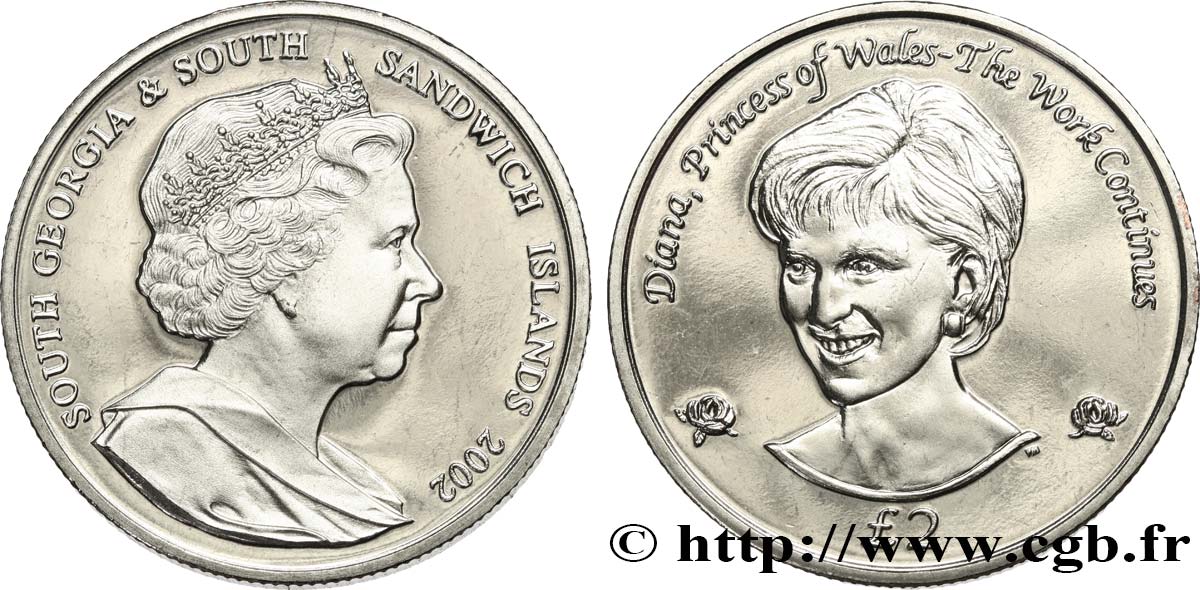 SOUTH GEORGIA AND SOUTH SANDWICH ISLANDS 2 Pounds (2 Livres) Proof Princesse Diana 2002 Pobjoy Mint MS 