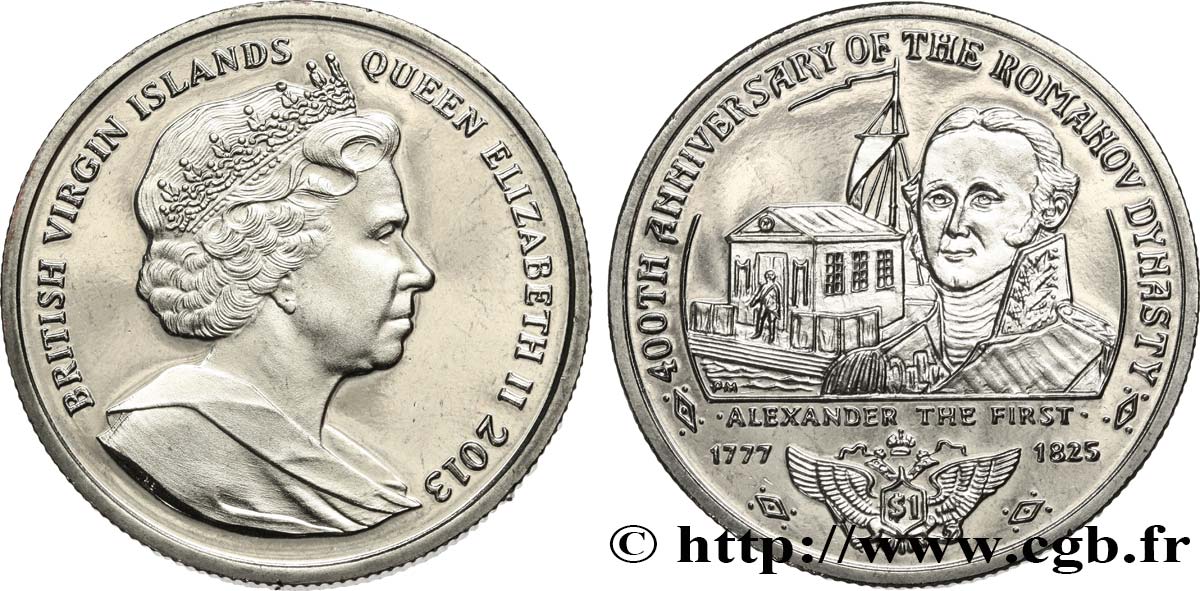 BRITISH VIRGIN ISLANDS 1 Dollar Proof 400e anniversaire de la dynastie des Romanov : Alexandre Ier 2013 Pobjoy Mint MS 