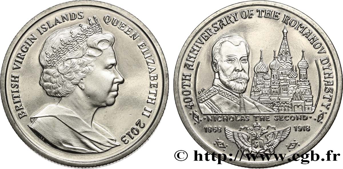 BRITISH VIRGIN ISLANDS 1 Dollar Proof 400e anniversaire de la dynastie des Romanov : Nicolas II 2013 Pobjoy Mint MS 