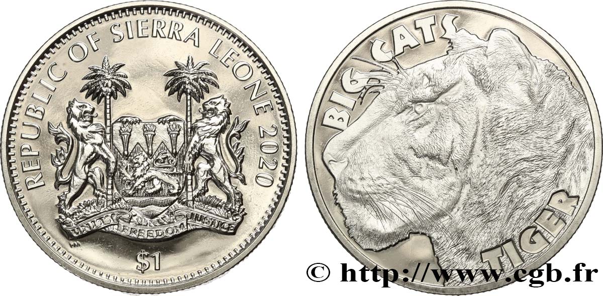 SIERRA LEONE 1 Dollar Proof Grands fauves : Tigre 2020  ST 