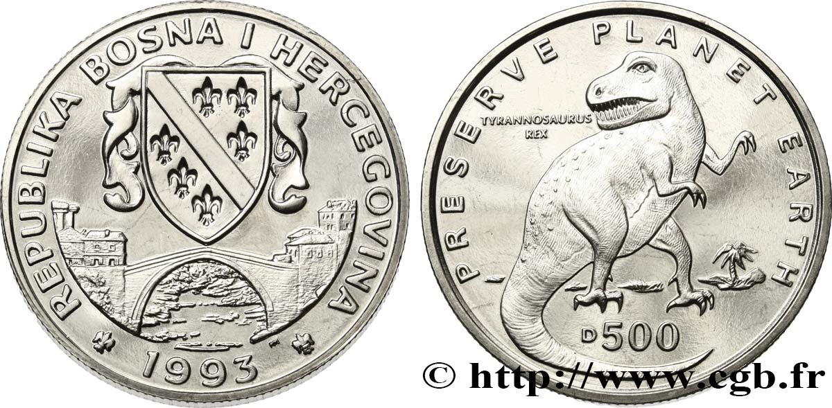 BOSNIA HERZEGOVINA 500 Dinara Proof Tyrannosaure Rex 1993 Pobjoy Mint MS 
