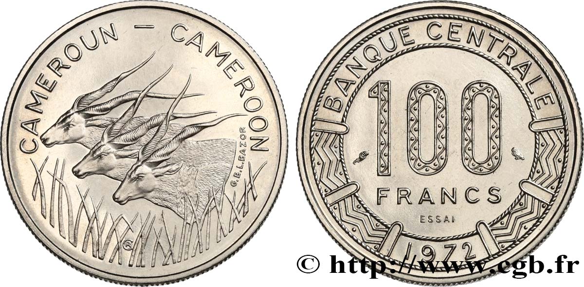 CAMERUN Essai de 100 Francs légende bilingue, type Banque Centrale, antilopes 1972 Paris MS 