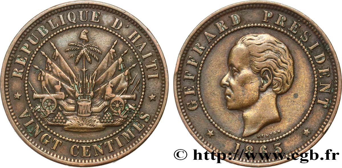 HAÏTI 20 Centimes président Geffrard 1863 Heaton TTB