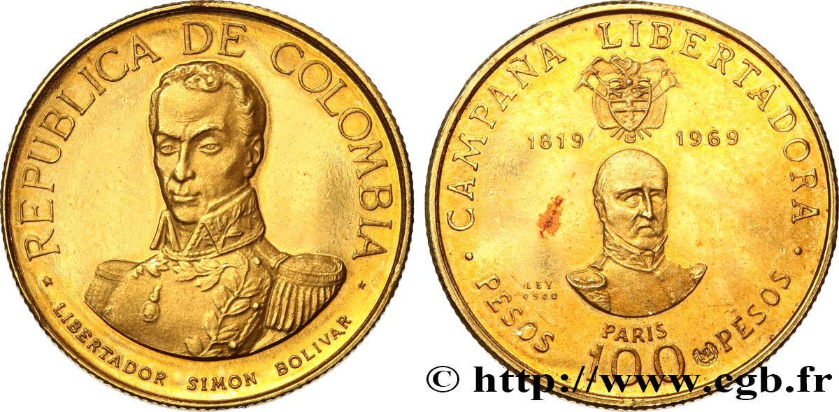 COLOMBIA 100 Pesos or 150 ans de la Libération 1969 Bogota MS 