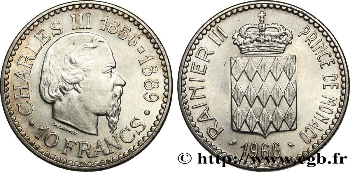 MONACO 10 Francs Charles III 1966 Paris MS 