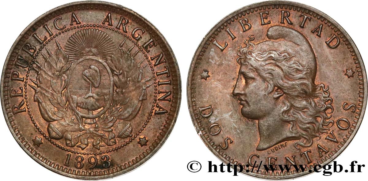 ARGENTINA 2 Centavos 1893  AU 