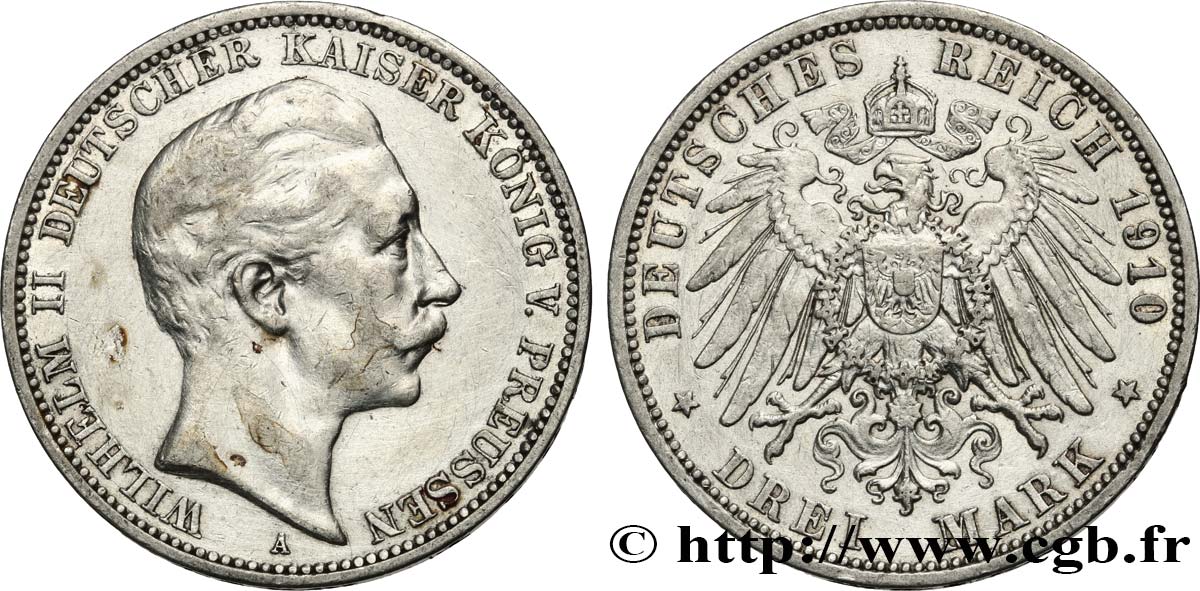 ALLEMAGNE - PRUSSE 3 Mark Guillaume II 1910 Berlin TTB 