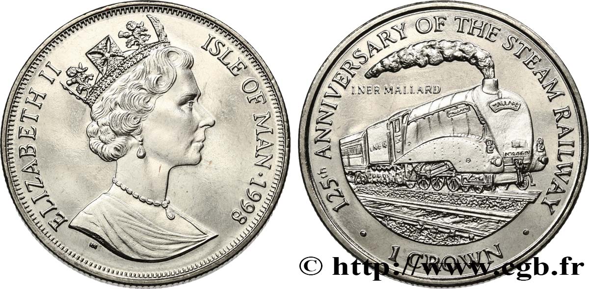 ISLE OF MAN 1 Crown Proof 125e anniversaire du train à vapeur - locomotive Mallard 1998 Pobjoy Mint MS 