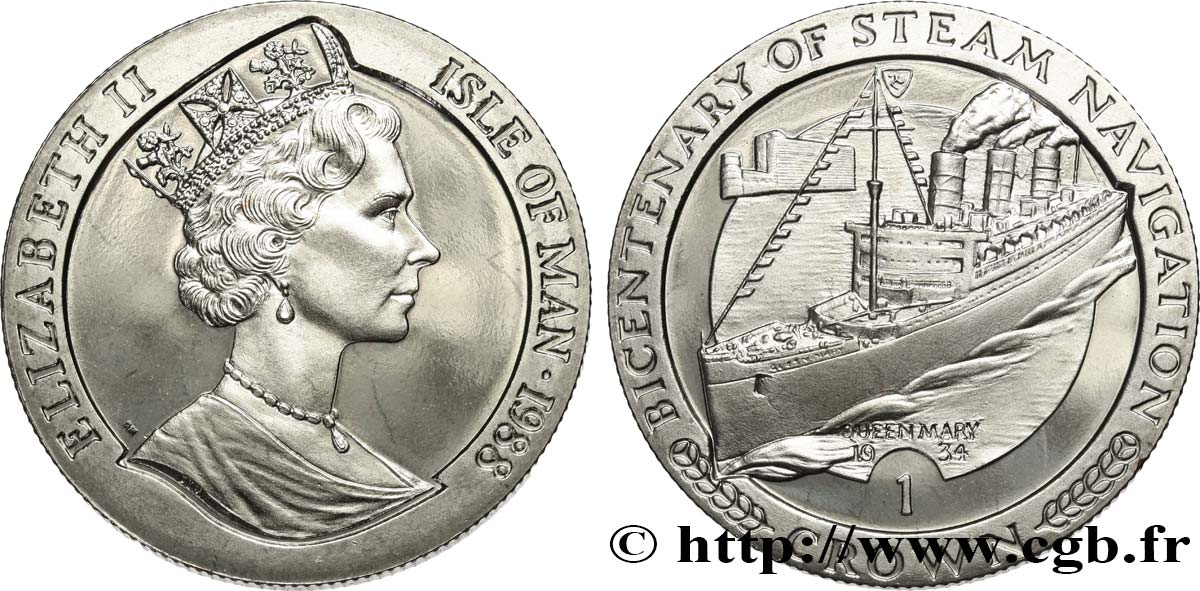 INSEL MAN 1 Crown Proof Bicentenaire de la navigation à vapeur : Elisabeth II / le “Queen Mary” 1988 Pobjoy Mint fST 