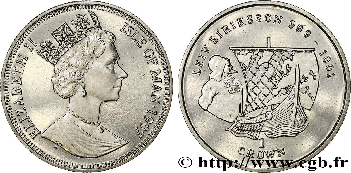 ÎLE DE MAN 1 Crown Proof Séries Grands Navigateurs : Leif Eiriksson 1997 Pobjoy Mint SPL