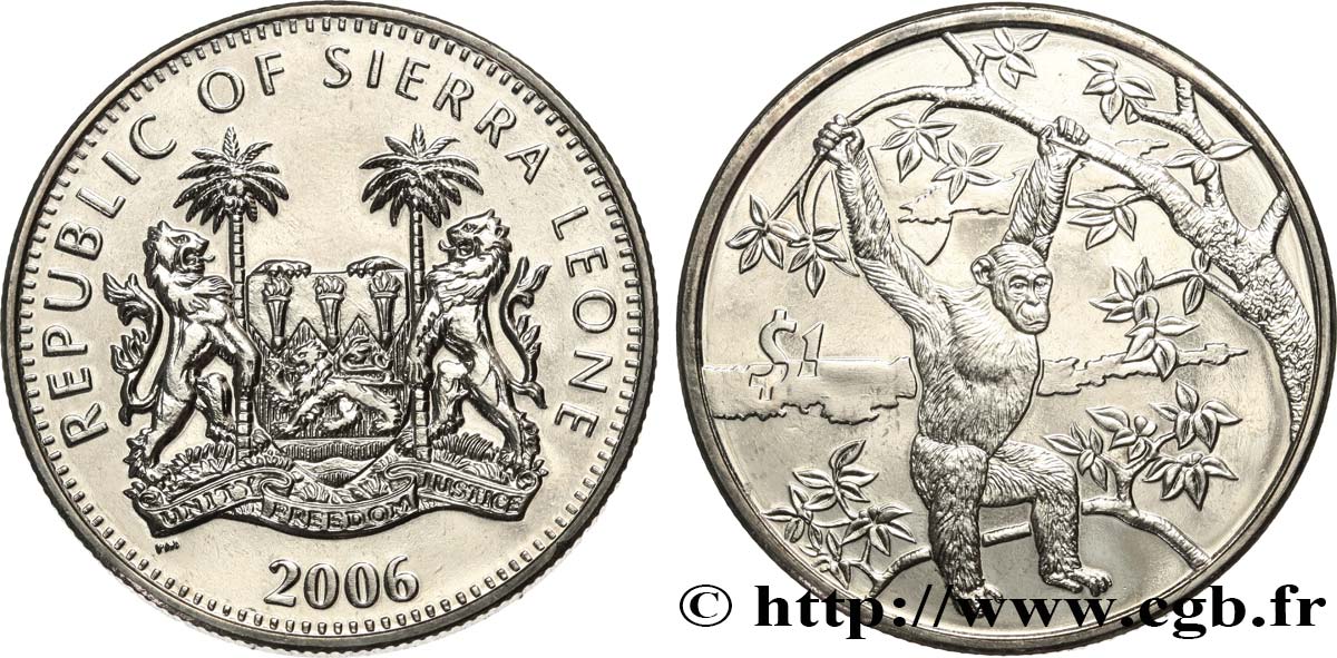 SIERRA LEONE 1 Dollar Proof chimpanzé 2006 Pobjoy Mint MS 