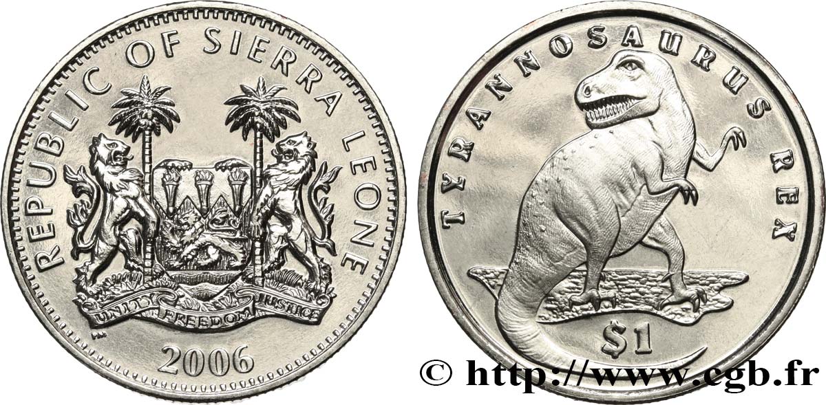 SIERRA LEONE 1 Dollar Proof Tyrannosaure Rex 2006 Pobjoy Mint MS 