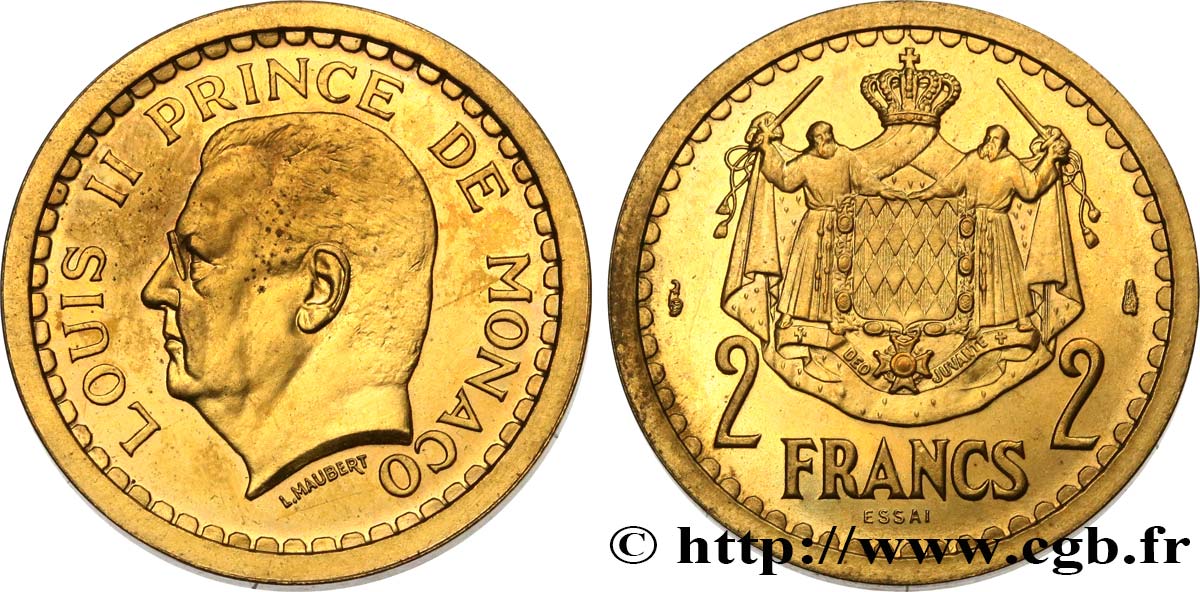 MONACO Essai de 2 Francs bronze-aluminium Louis II (1943) Paris ST 