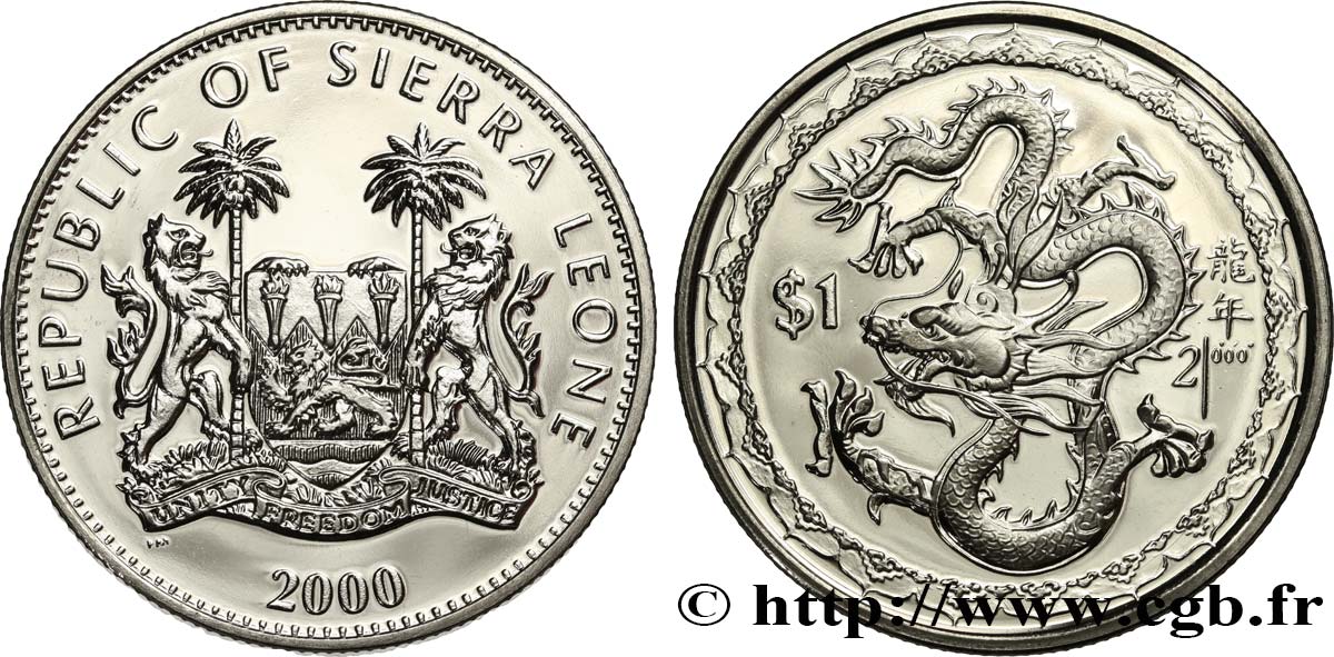 SIERRA LEONA 1 Dollar Proof Année du Dragon 2000 Pobjoy Mint FDC 