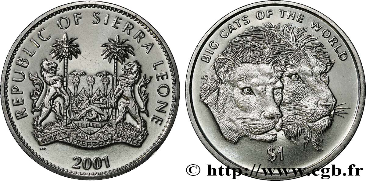 SIERRA LEONE 1 Dollar Proof couples de lions 2001  fST 