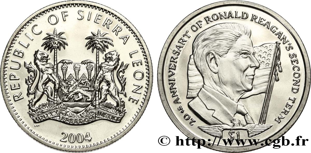 SIERRA LEONE 1 Dollar Proof 20e anniversaire du second mandat de Ronald Reagan 2004 Pobjoy Mint MS 