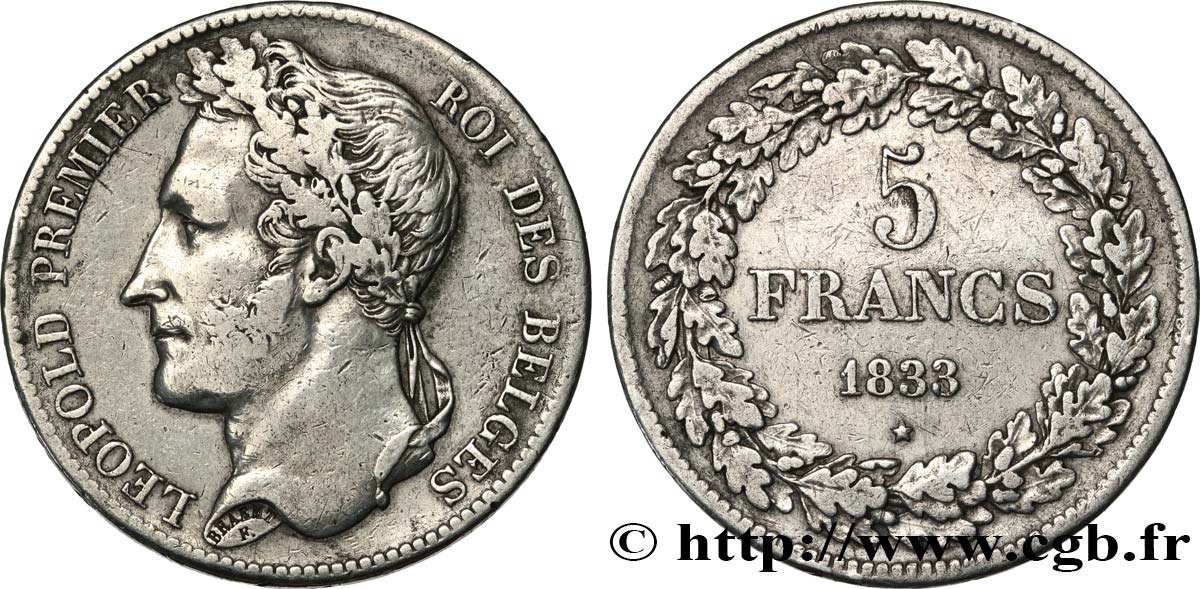 BELGIUM 5 Francs Léopold Ier 1833  VF/XF 