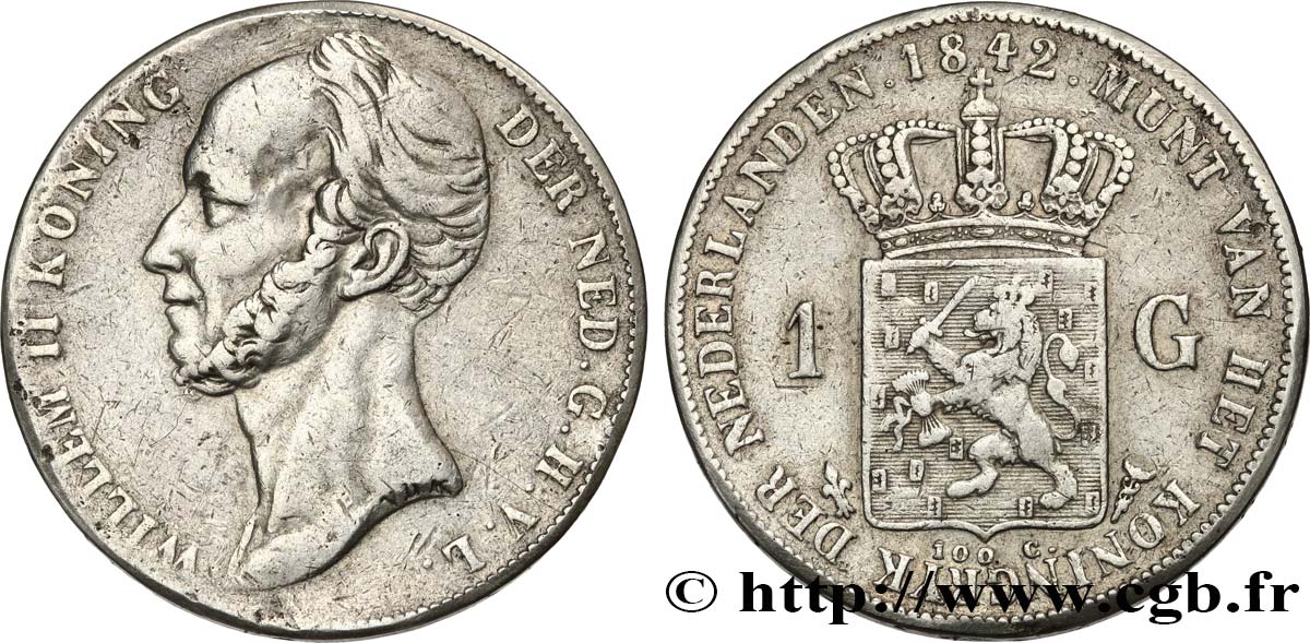 NETHERLANDS 1 Gulden Guillaume II 1842 Utrecht VF 