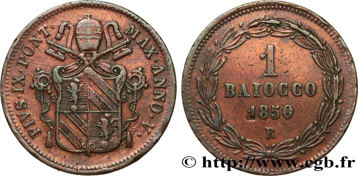 VATICAN ET ÉTATS PONTIFICAUX 1 Baiocco Pie IX an V 1850 Rome TB+