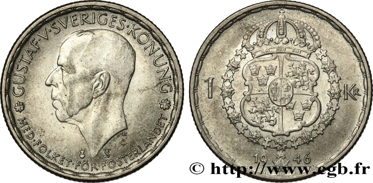 SUÈDE 1 Krona Gustave V 1946 TTB+