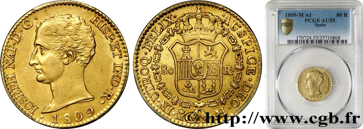 SPAIN - KINGDOM OF SPAIN - JOSEPH NAPOLEON 80 Reales, 1er type 1809 Madrid AU55 PCGS