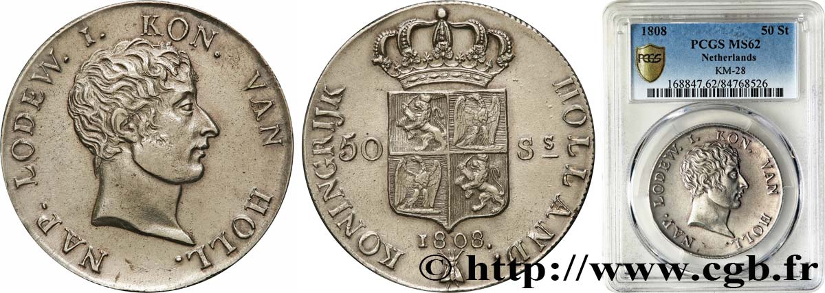 HOLLAND - KINGDOM OF HOLLAND - LOUIS NAPOLEON 50 Stuivers 1808 Utrecht MS62 PCGS