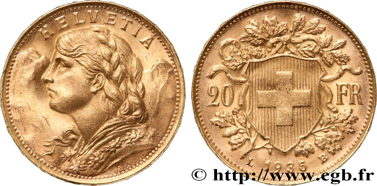 GOLD, PALLADIUM & PLATINUM INVESTMENT 20 Francs or Vreneli 1935 Berne MS