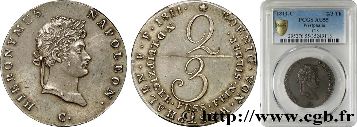 GERMANY - KINGDOM OF WESTPHALIA - JÉRÔME NAPOLÉON 2/3 Thaler ou gulden 1811 Clausthal AU55 PCGS