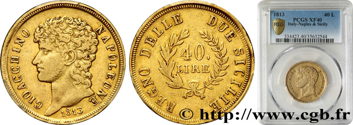 ITALY - KINGDOM OF NAPLES - JOACHIM MURAT 40 Lire or, rameaux longs 1813 Naples XF40 PCGS