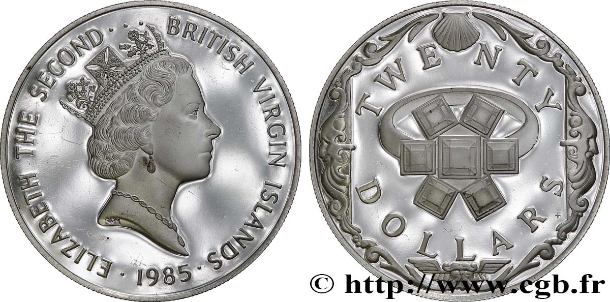BRITISCHE JUNGFERNINSELN 20 Dollars Proof Elisabeth II / bague avec émeraudes 1985  fST 