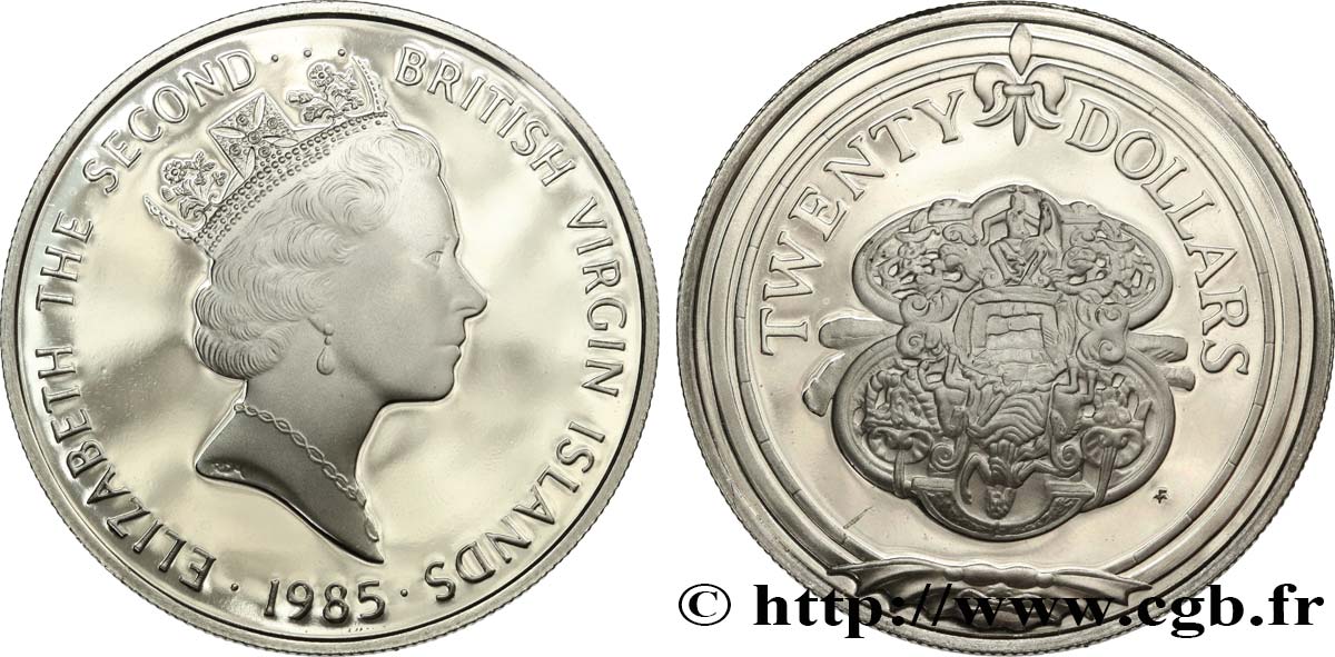 BRITISCHE JUNGFERNINSELN 20 Dollars Proof Elisabeth II / pommeau d’épée 1985  fST 