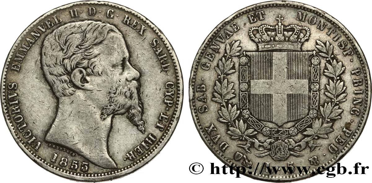 ITALY - KINGDOM OF SARDINIA 5 Lire Victor Emmanuel II 1853 Gênes XF 