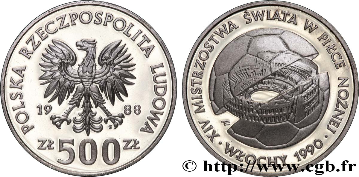 POLEN 500 Zlotych Proof Coupe du Monde de football Italie 1988 1988 Varsovie fST 