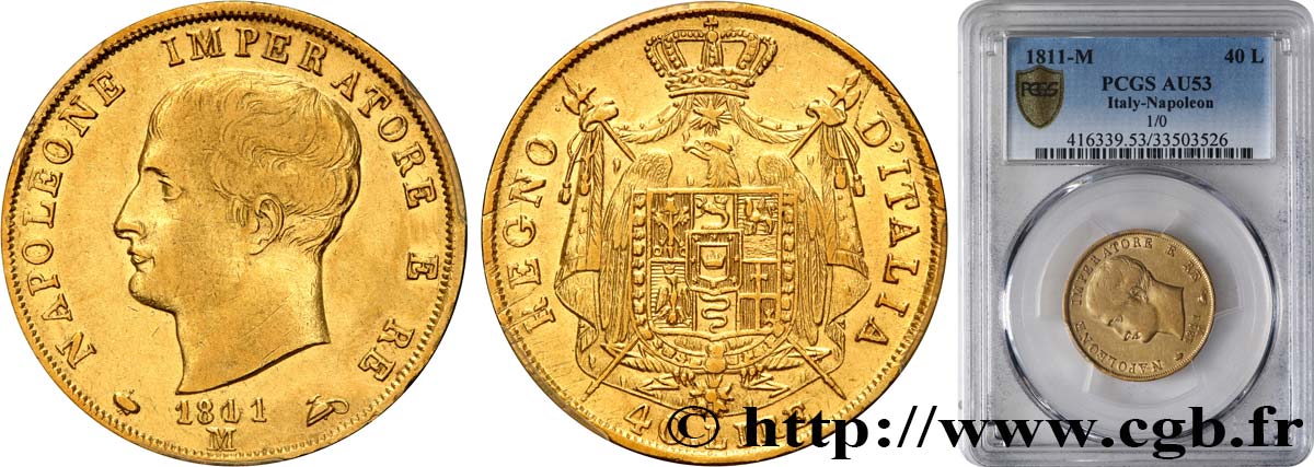 ITALY - KINGDOM OF ITALY - NAPOLEON I 40 Lire 1811 Milan AU53 GENI