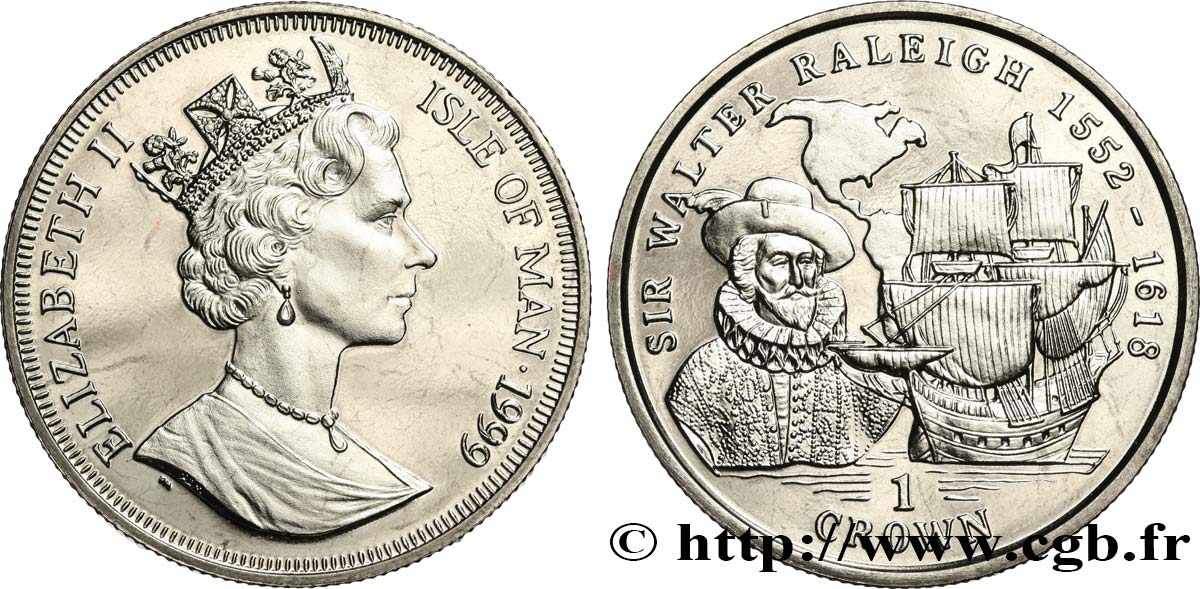 ISLE OF MAN 1 Crown Proof Sir Walter Raleigh 1999 Pobjoy Mint MS 